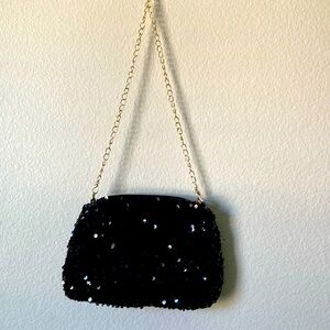 NEW UNBRANDED BLACK SEQUENCE MINI EVENING BAG WITH ROSE-GOLD-TONE CHAIN